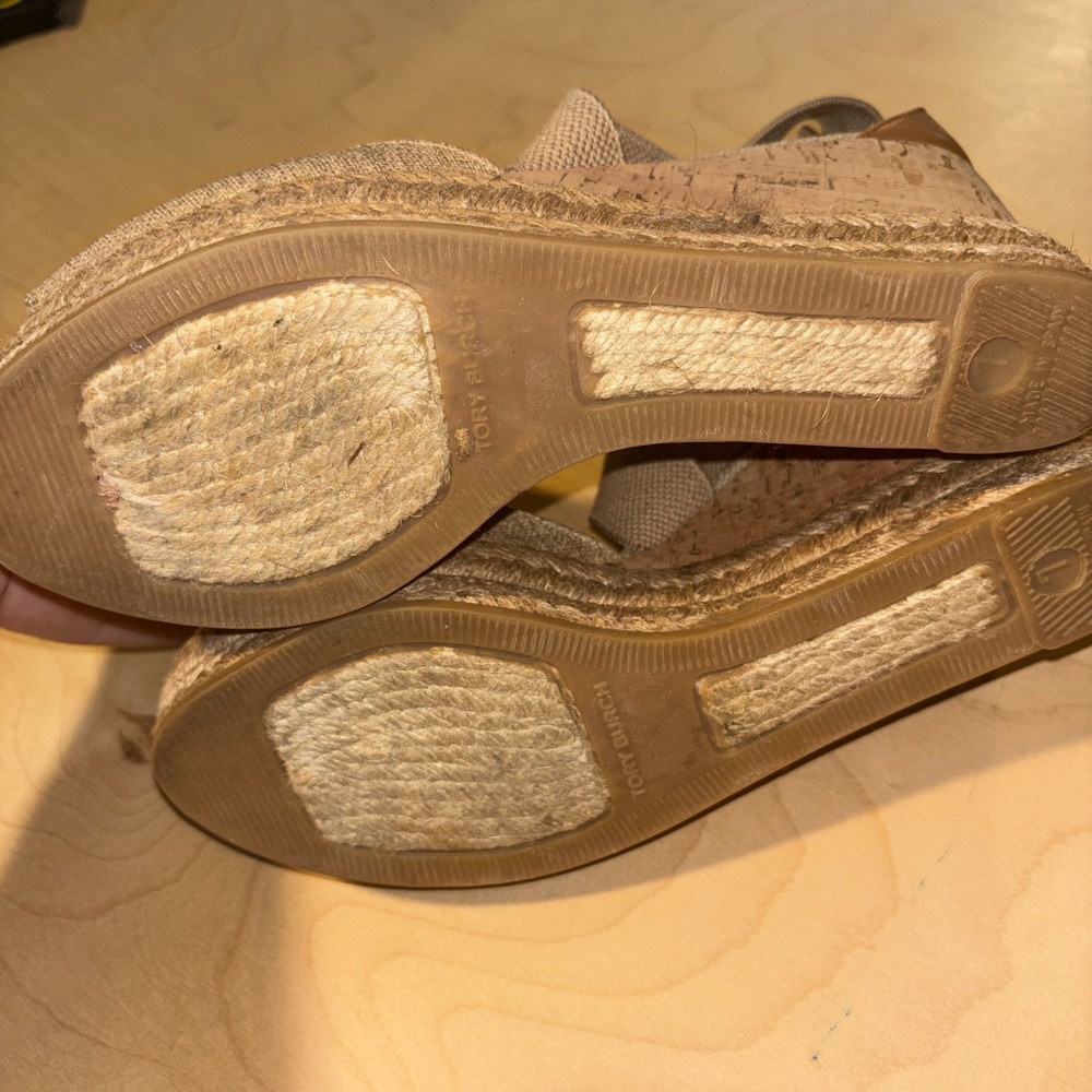 Tory Burch Natanya Espadrille Wedges Women Sz 7 Beige Linen Cork Sandal Spain - Picture 8 of 12